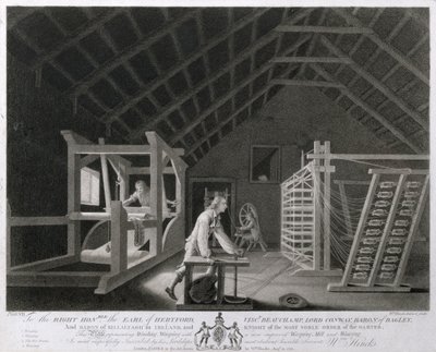 Winding, Warping with a New Improved Warping Mill and Weaving, plate VII of The Linen Manufactory of Ireland, 1783 by William Hincks